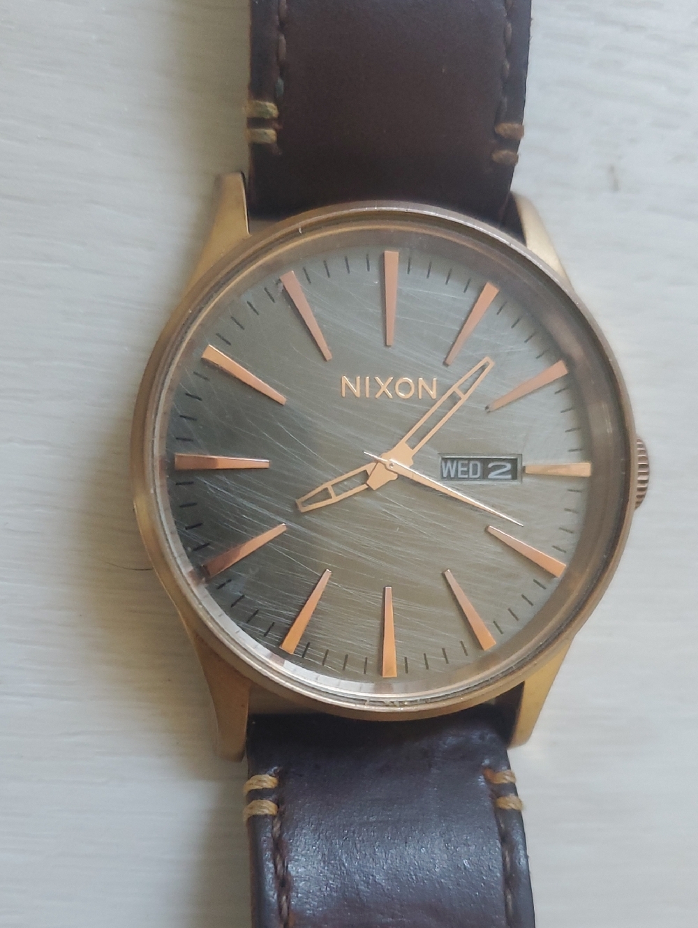 Nixon Rose Gold Case Gray Dial Brown Leather Strap Watch